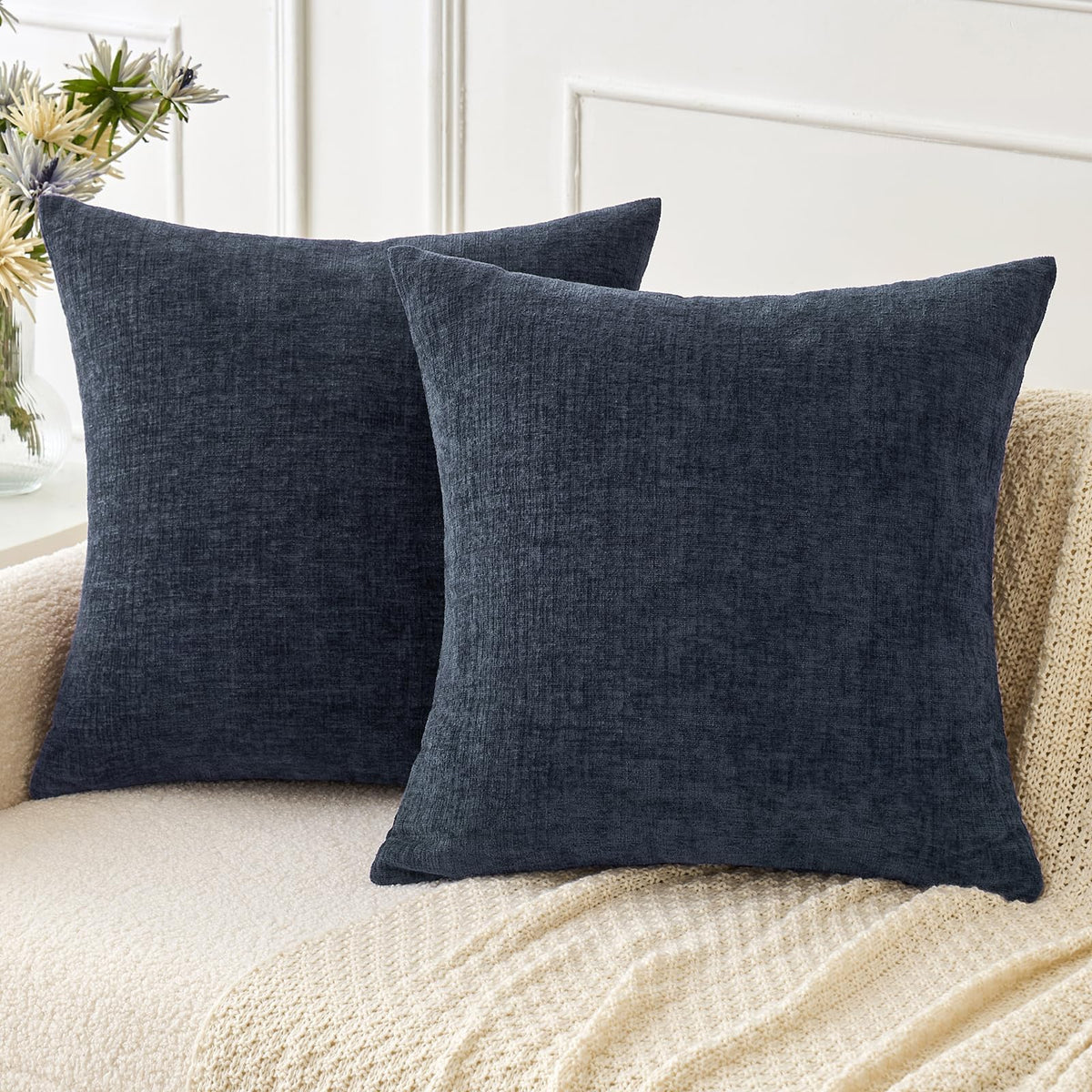 Miulee Pack Of 2 Navy Blue Throw Pillow Covers 16X16 Inch Soft Chenille Pillow Covers For Sofa Living Room Couch Solid Dyed Case