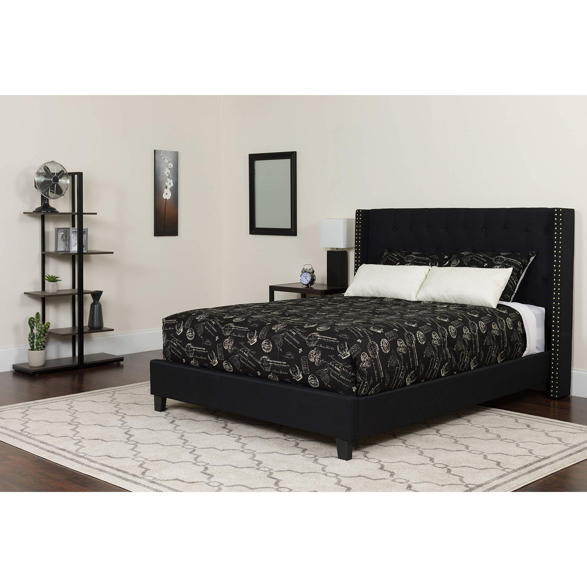 Flash Furniture Riverdale Full Size Tufted Upholstered Platform Bed in Black Fabric with Memory Foam Mattress