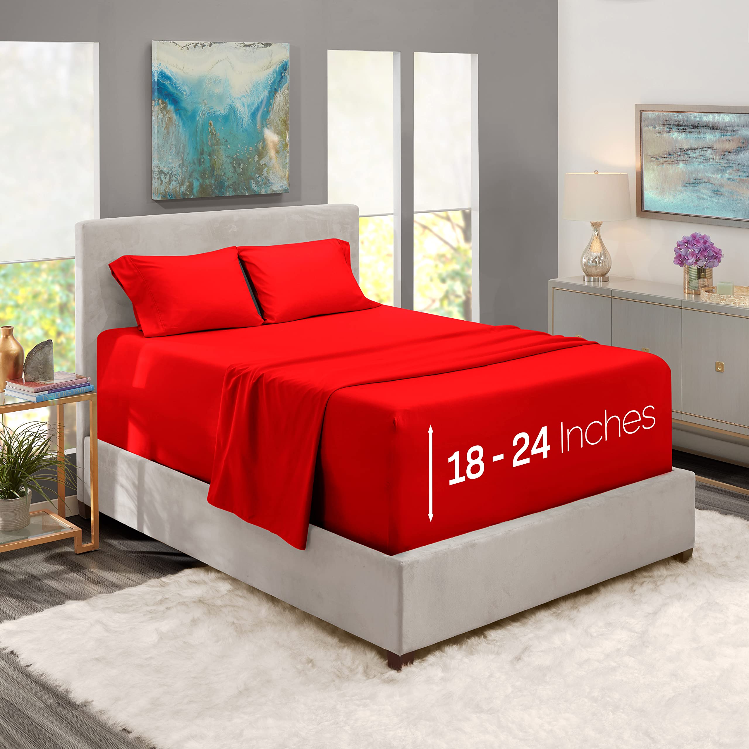 Nestl Extra Deep Pocket Sheets - Fits Mattress 18-24 Inches Deep, Extra Deep Pocket California King Size Sheets, 4 Piece Cal King Sheets, Cal King Sheets Deep Pocket, Cherry Red