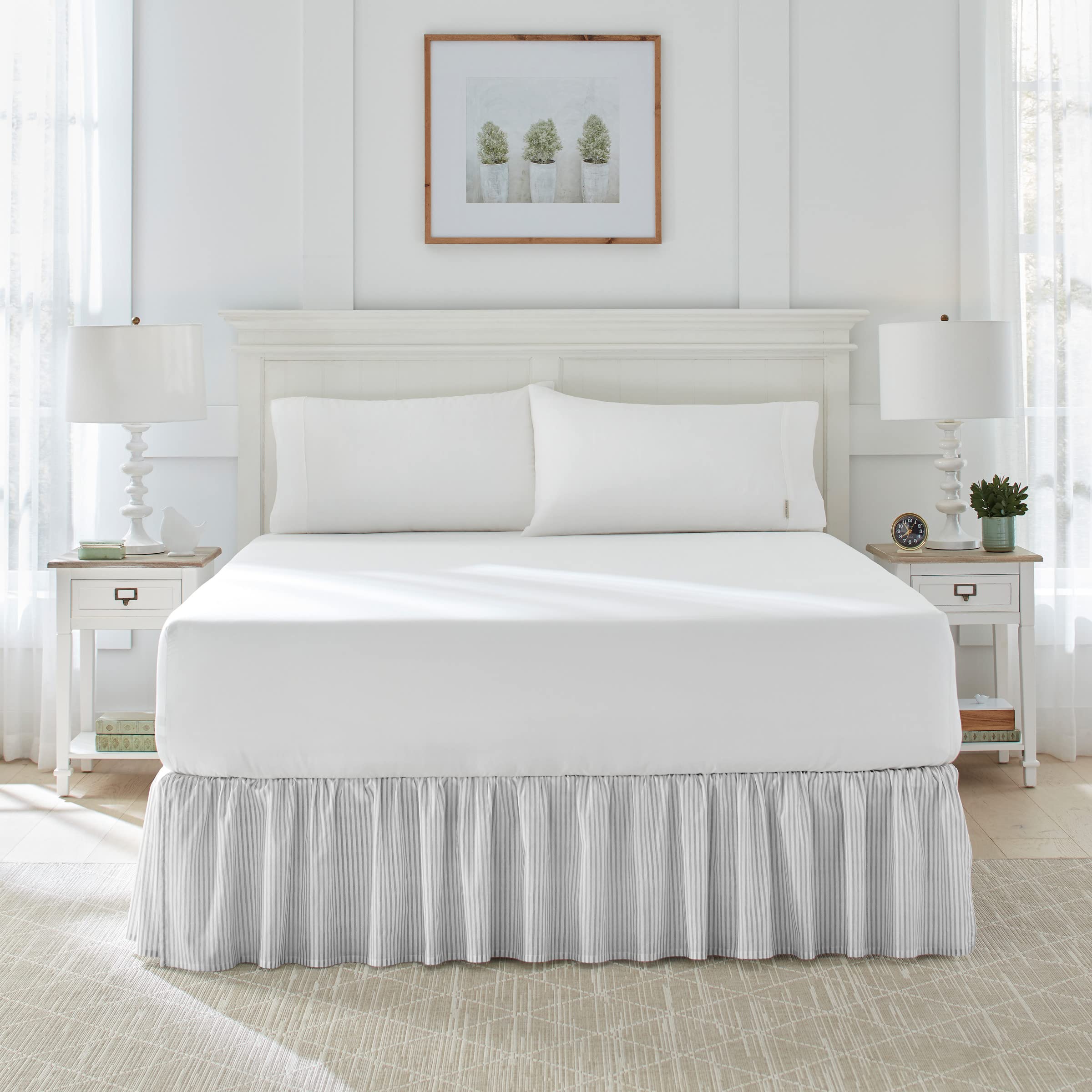 Laura Ashley Home - Cotton Ruffled Bedskirt, Lightweight & Classic Style (Ticking Stripe Grey, Full)