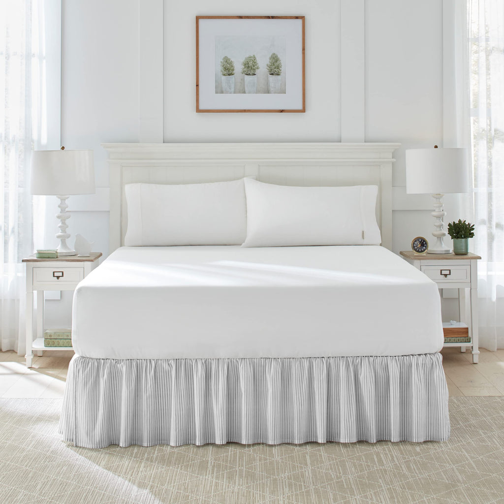 Laura Ashley Home - Cotton Ruffled Bedskirt, Lightweight & Classic Style (Ticking Stripe Grey, Queen)