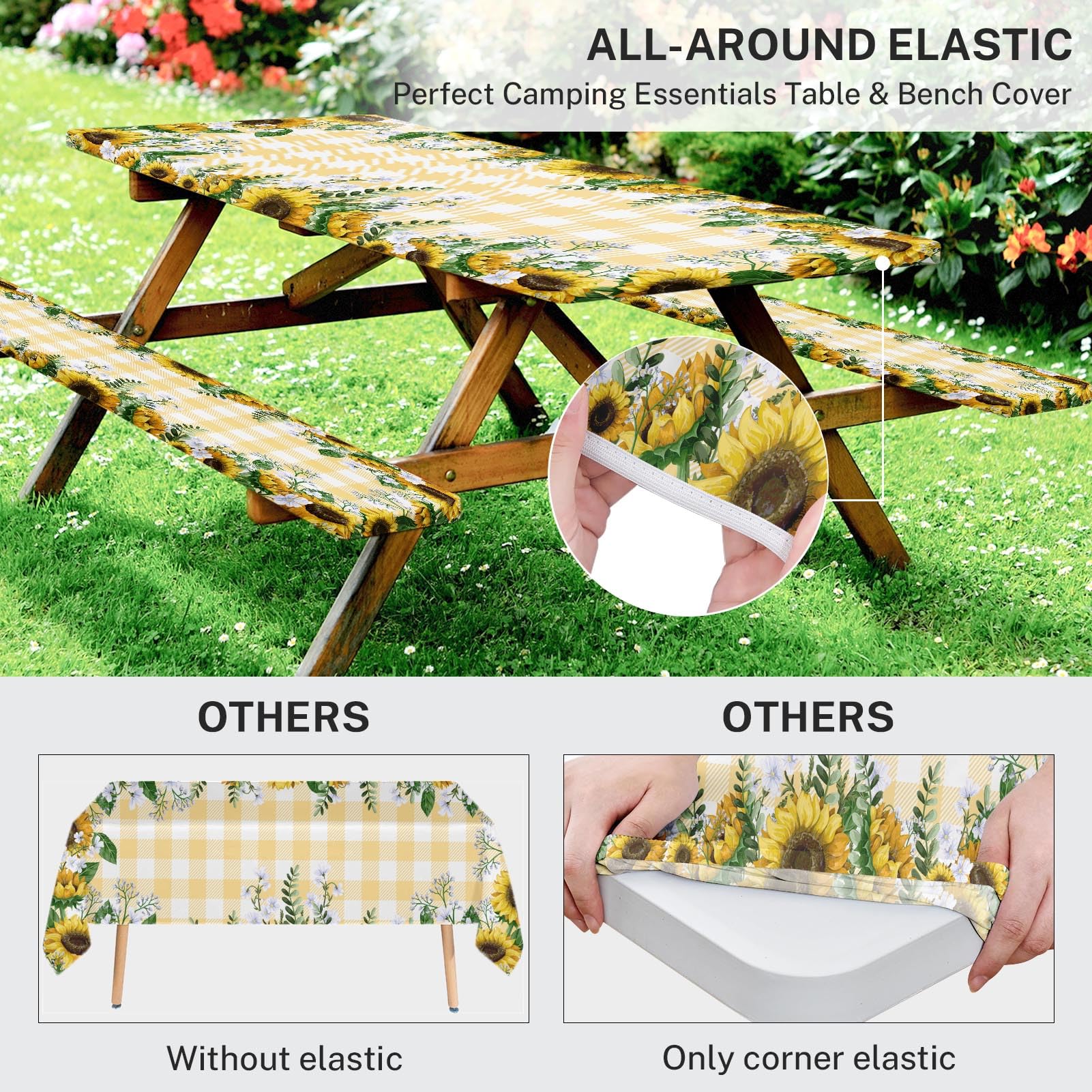 Britown Picnic Table Cover With Bench Covers Elastic Edges, Yellow Fitted Table Cover, Outdoor Patio Camping Essentials 72 Inch