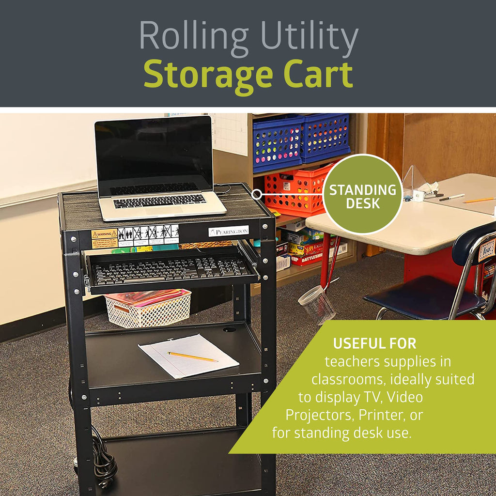 Pearington AV Presentation Cart Stand Metal Black Adjustable Shelves 4 Wheels 4 Outlets 12ft Cord