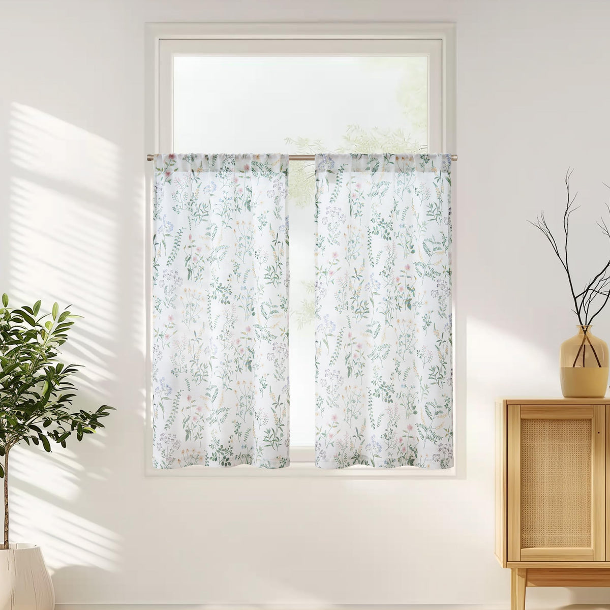 jinchan Spring Floral Kitchen Curtains Over Sink Farmhouse Linen Tier Curtains 45 Inch Length Cafe Curtains for Living Room Bath