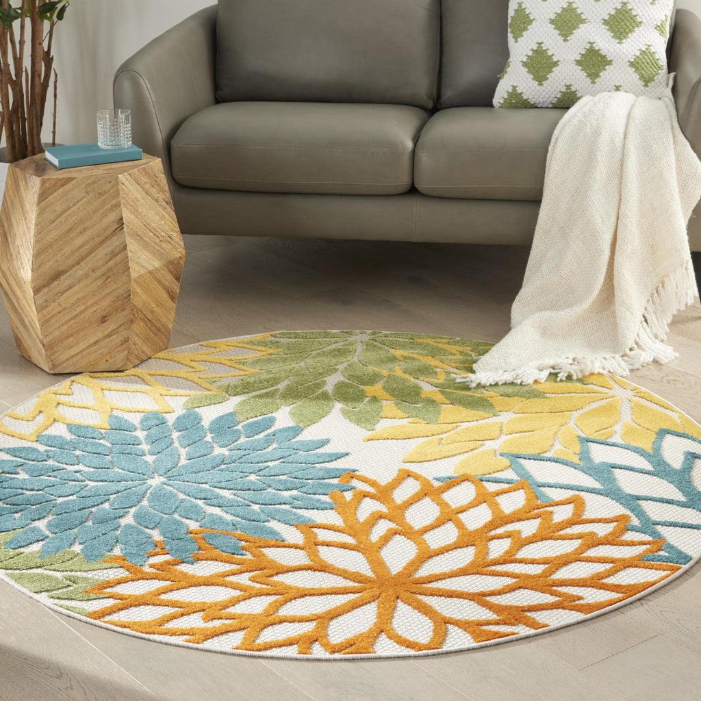 Nourison Aloha Indoor/Outdoor Floral Turquoise Multicolor 5'3' X Round Area Rug, (5' Round)