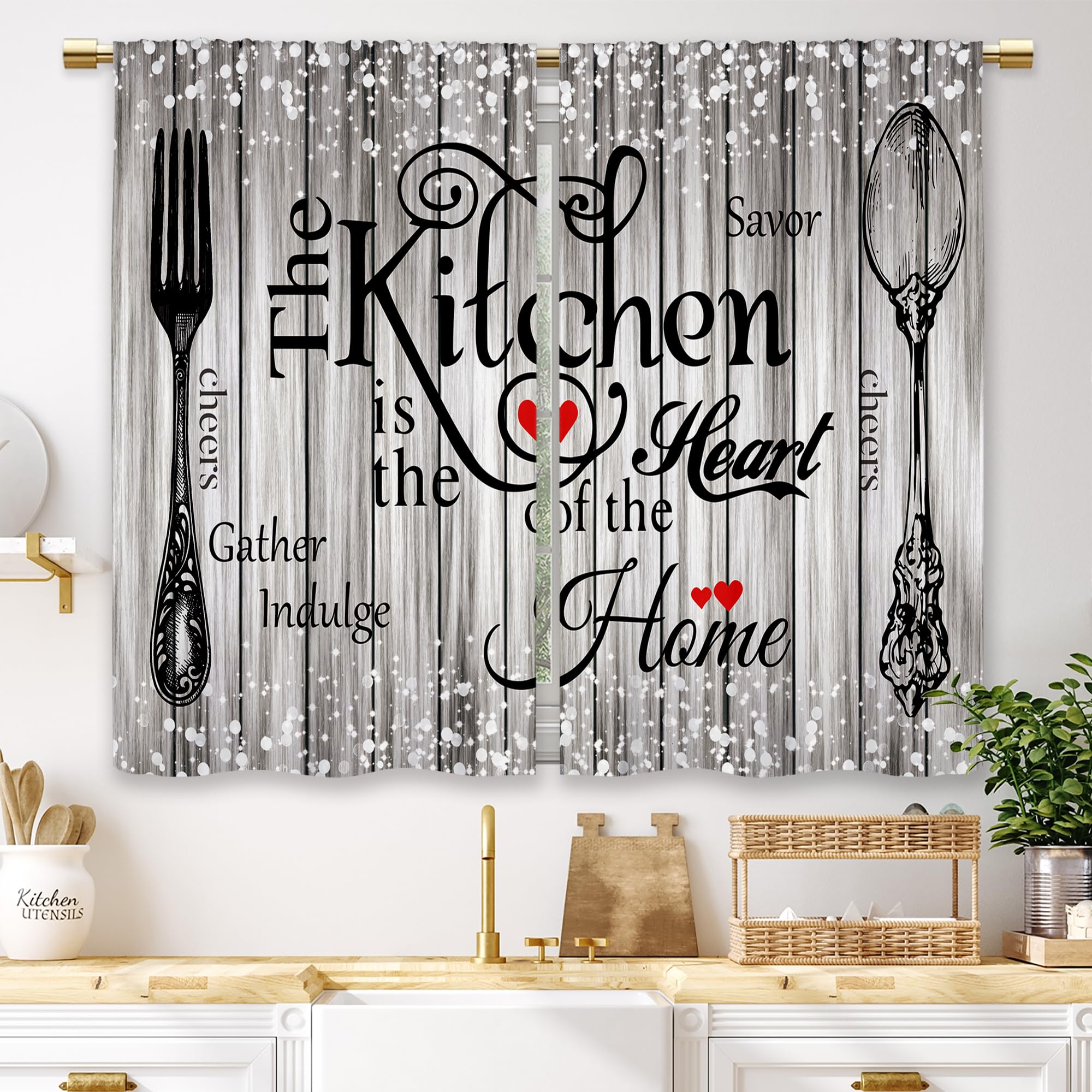 Laifzere Farmhouse Rustic Grey Kitchen Curtains Vintage Fork Spoon Retro Small Short Cafe Window Curtains Barn Country Wooden Wo
