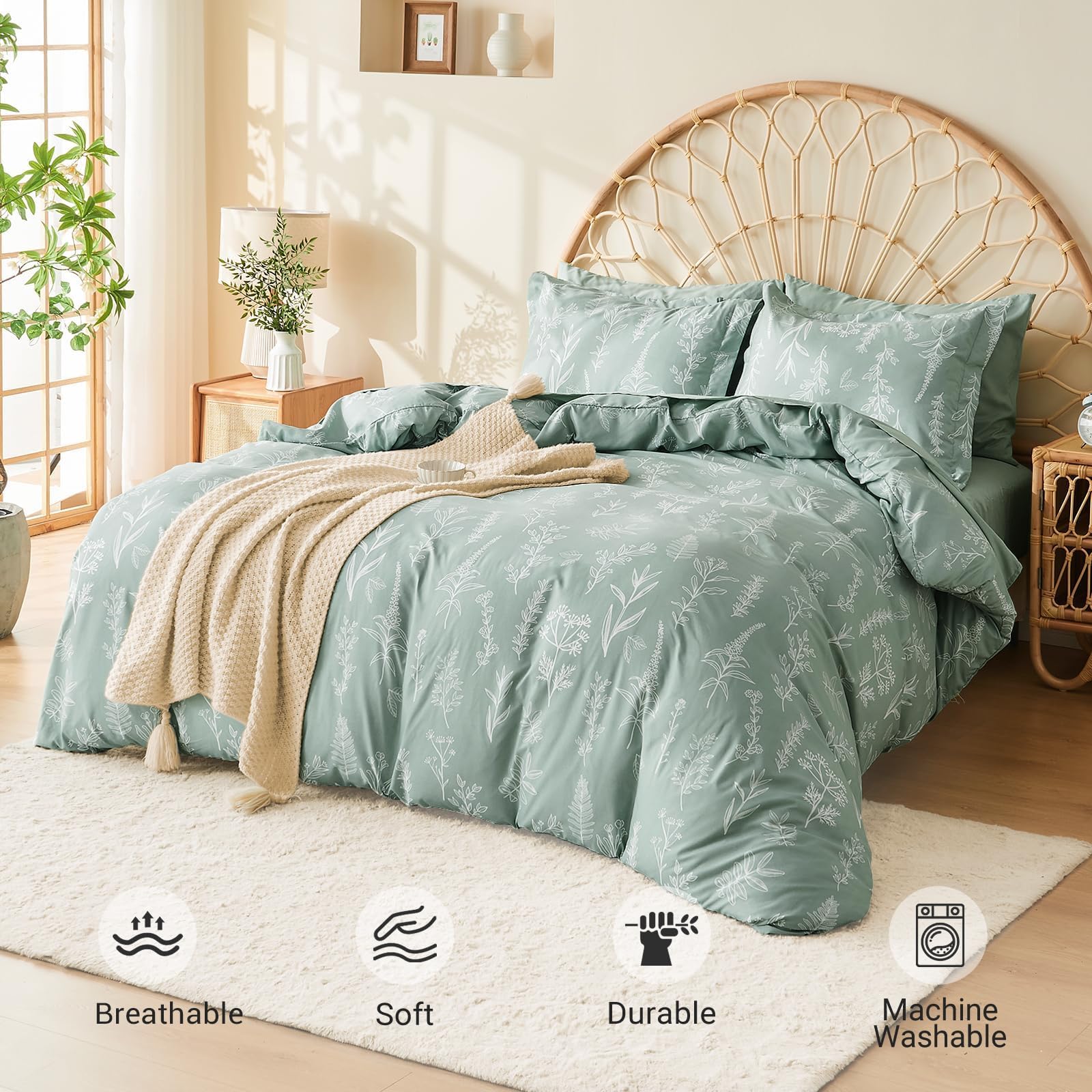 Muxhomo King Comforter Set 7 Pieces, Sage Green Elegant Floral Print Bed In A Bag King, Ultra Soft & Breathable Reversible Botan