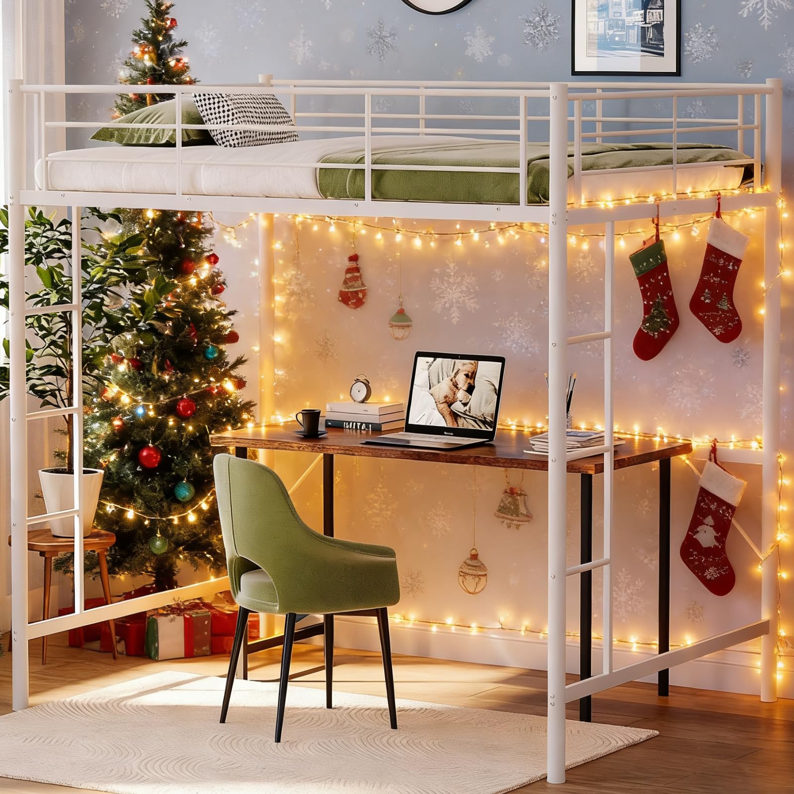 VINGL Loft Bed Full Size Kids Loft with 2 Stairs Design,Space-Saving Double Bed for Teens, Adults, Heavy Duty Metal Square Slat,
