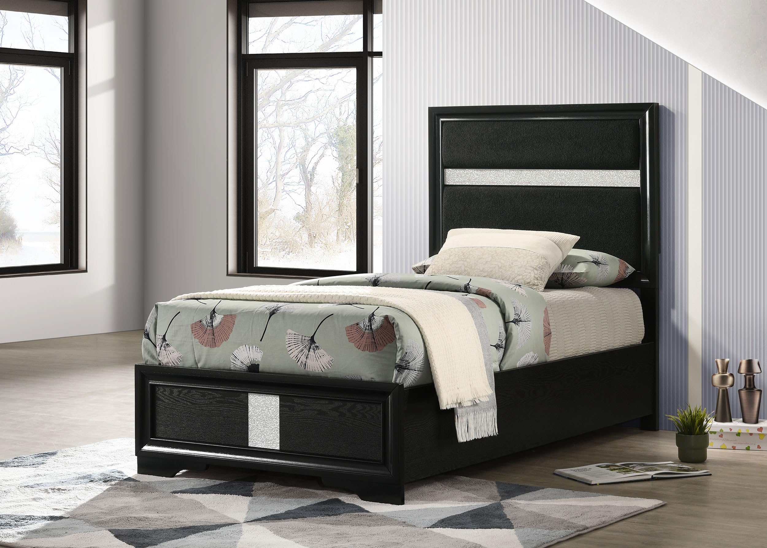 Coaster Home Furnishings Miranda Contemporary Fabric Upholstered Twin Size Panel Bed Frame 54-inch Headboard Black 206360T