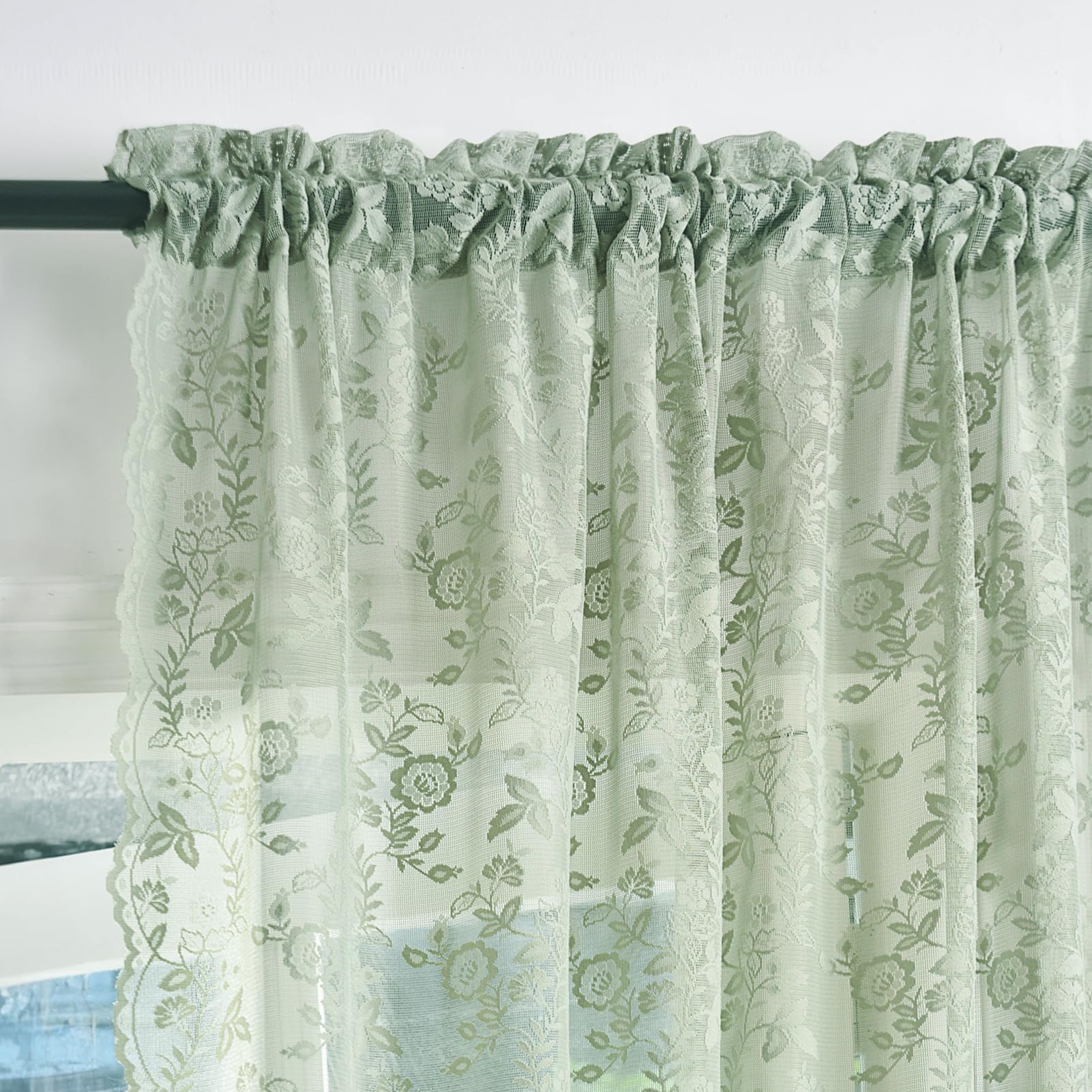 Finecity Green Lace Curtains 96 Inches Long, Country Rustic Leaf Floral Spring Sheer Curtains For Living Room, Rod Pocket Privac