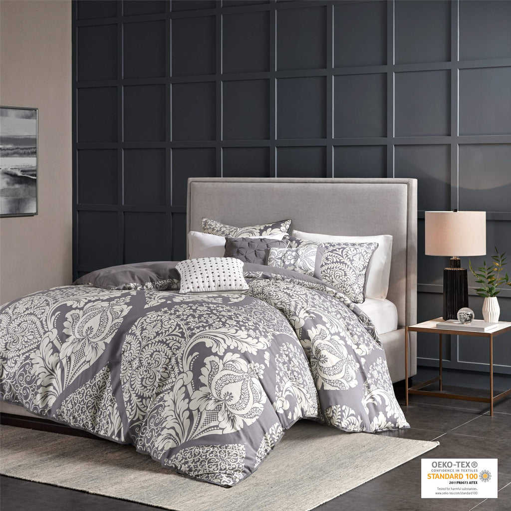 Madison Park Vienna Cotton Poly Blend Duvet Set - Classic Traditional Design, Cozy All Season Comforter Cover, Matching Shams, Decorative Pillows Vienna, Full/Queen(90'X90'), Grey 6 Piece