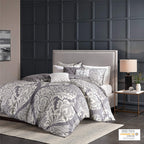 Madison Park Vienna Cotton Poly Blend Duvet Set - Classic Traditional Design, Cozy All Season Comforter Cover, Matching Shams, Decorative Pillows Vienna, Full/Queen(90'X90'), Grey 6 Piece