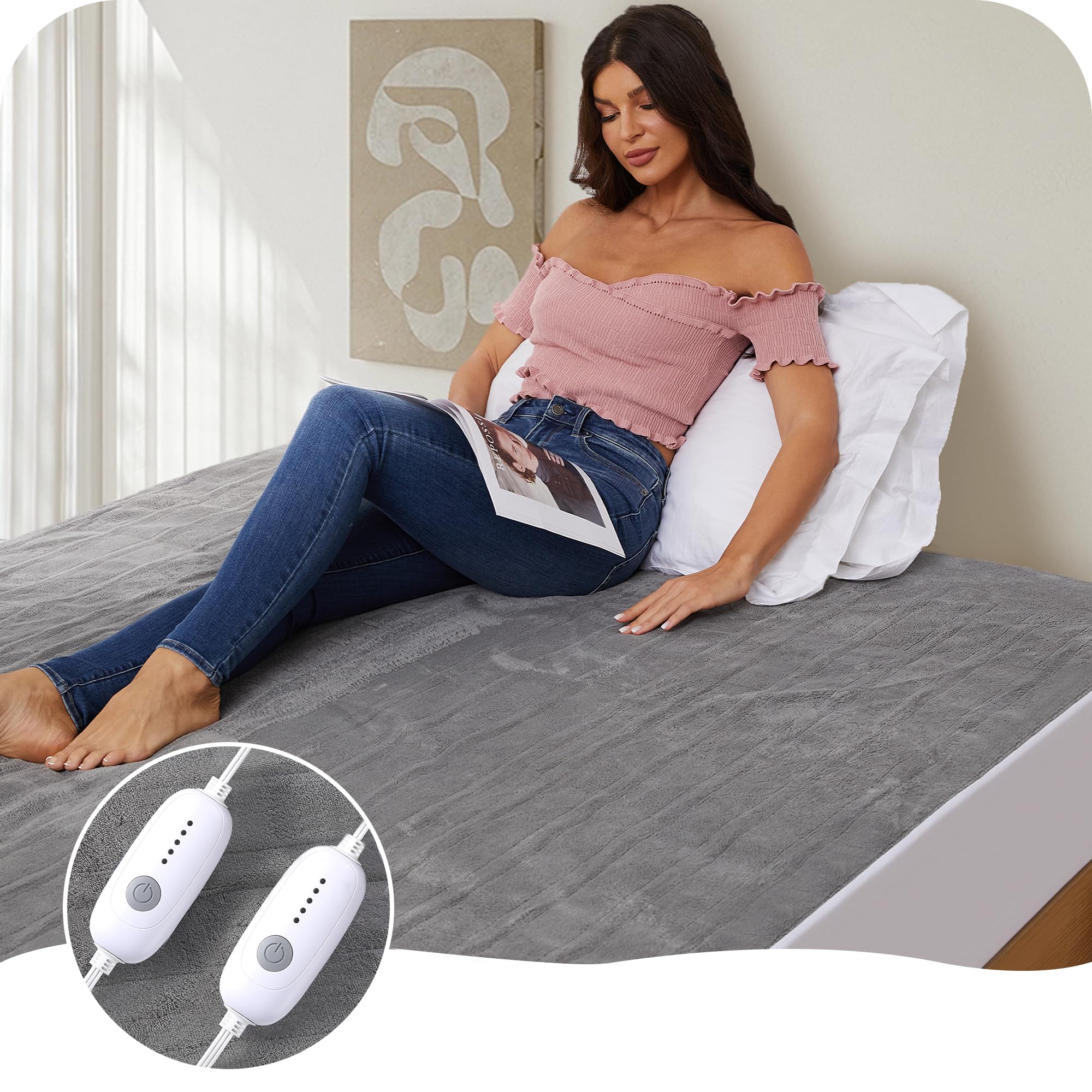 Heated Mattress Pad Queen Size 60'X80', 5 Heating Levels Dual Control With 10 Hours Auto-Off, Cozy Coral Fleece, Warming Bed A