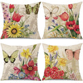 Wyooxoo Throw Pillow Covers 20X20 Set Of 4 Decorative Spring Pillow Covers Linen Flower Butterfly Farmhouse Pillowcases For Sofa