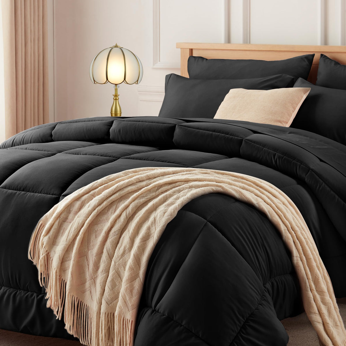 Newspin Full Bed In A Bag - 7 Pieces Black Comforter Set, All Season Ultra Soft Bedding Comforter Set With Comforter, Flat Sheet