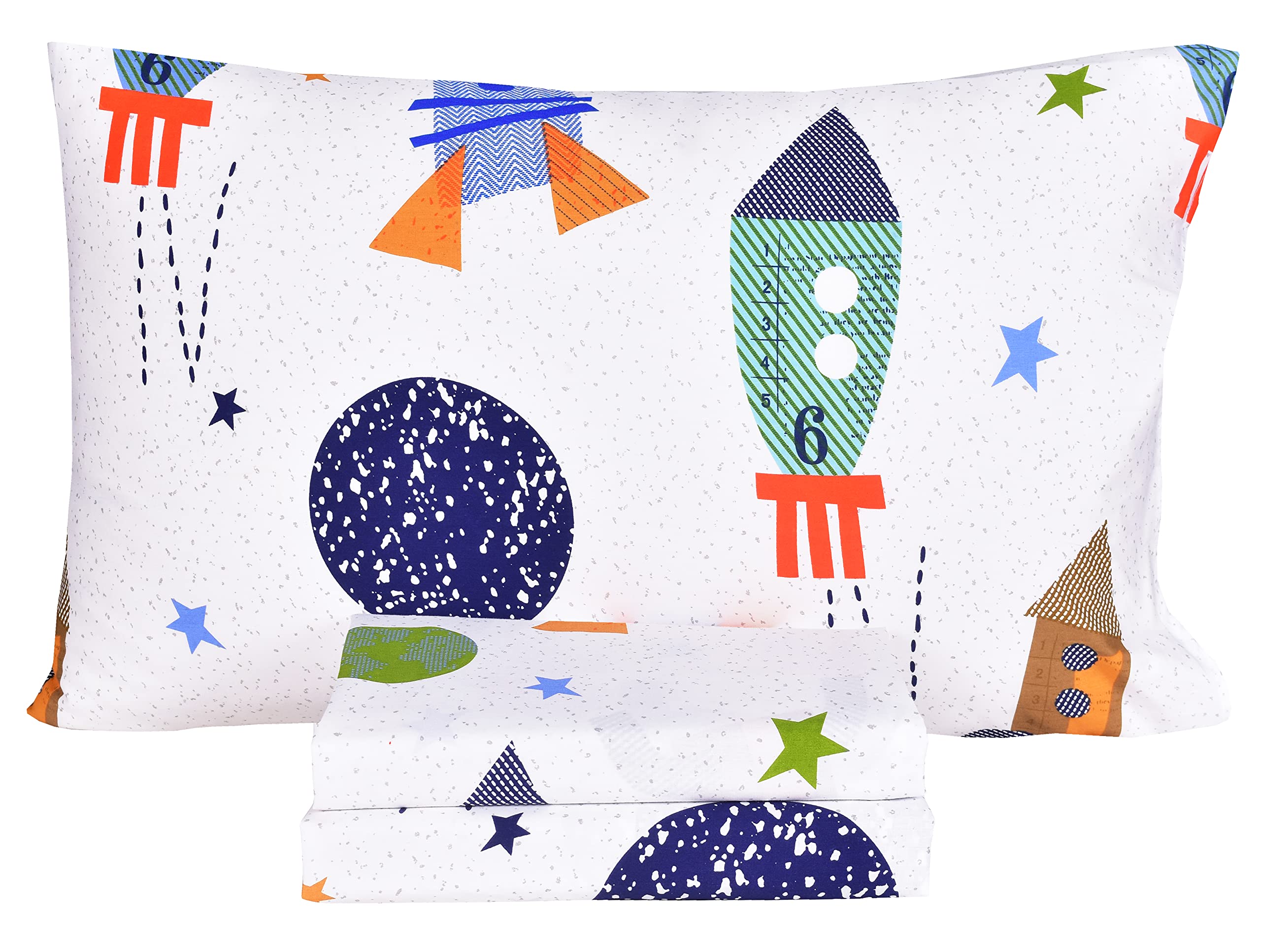 Scientific Sleep Outer Space Airship Rocket Star Explore Teen Boys Girls Cotton Cotton Twin Bed Sheet Set, Flat Sheet & Fitted S