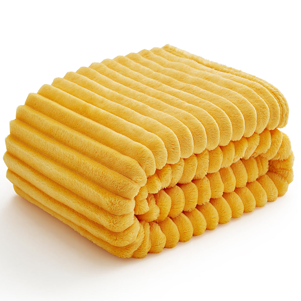 Bedelite Fleece Throw Blanket For Couch - 300Gsm Soft & Warm Fluffy Yellow Blanket, Decorative And Giftable Striped Blankets For