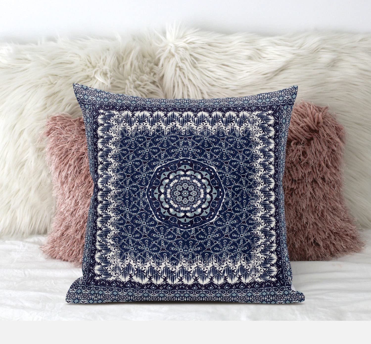 HomeRoots Bright Blue Yellow 16â€ Indigo White Holy Floral Zippered Suede Throw Pillow