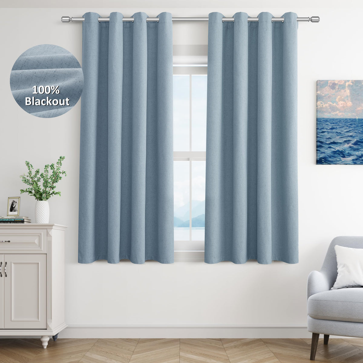 Jowels Blue Linen Blackout Curtains 63 Length 2 Panels Set For Living Room Bedroom, 100% Black Out Thermal Insulated Linen Drape