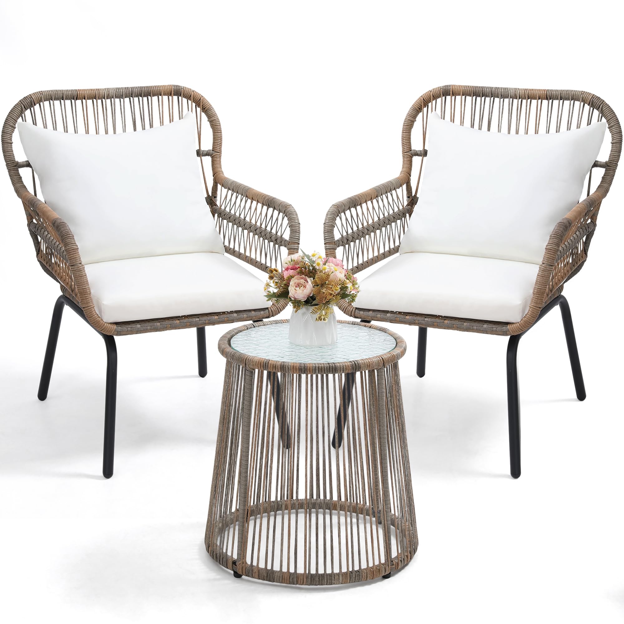Wildformers 3 Pieces Rattan Wicker Bistro Set, Outdoor Conversation Set, Wicker Furniture Set With Glass Top Table, Space Saving For Balcony, Backyard, Natural