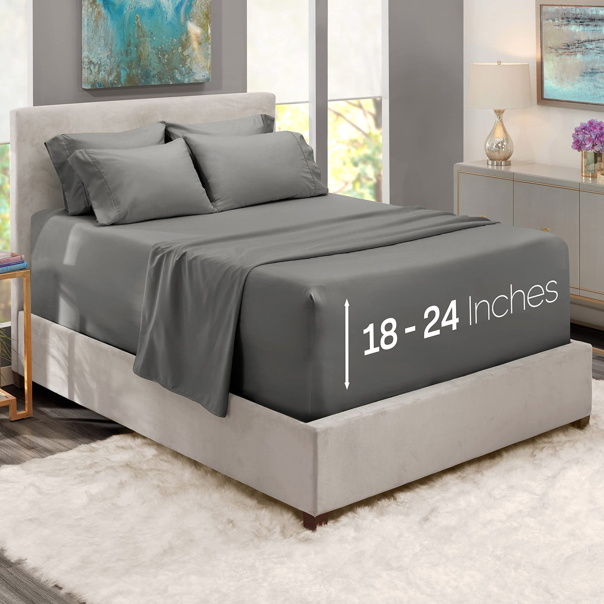 Nestl Extra Deep Pocket King Bed Sheet Set - 6 Pieces With Fitted Sheet, Flat Sheet, 4 Pillowcases - 18-24 Inch Deep Pockets - D