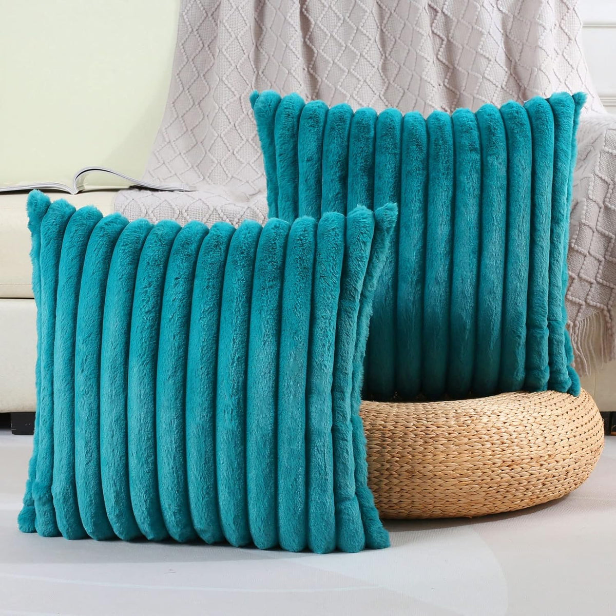 Futei Teal Green Striped Decorative Throw Pillow Covers 18X18 Inch Set Of 2,Square Winter Decorations Couch Pillow Case,Soft Coz