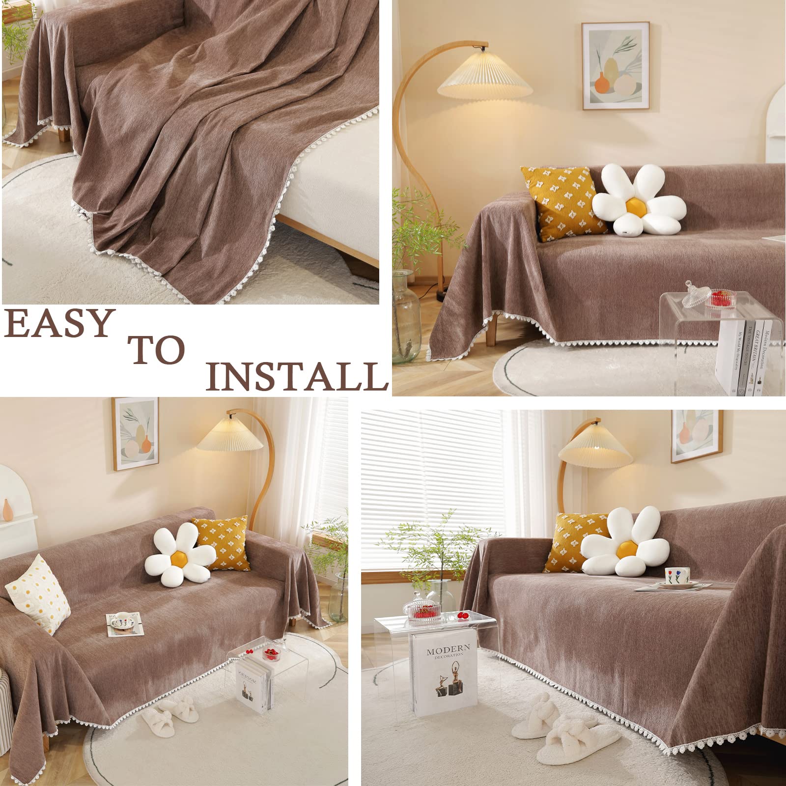 Handontime Brown Sofa Covers Simple Couch Cover For Pet White Floral Couch Cushion Covers For L Shape Chocolate Sofa Throw Cover Sectional Couch Covers For Living Room Machine Washable, 71' X150'