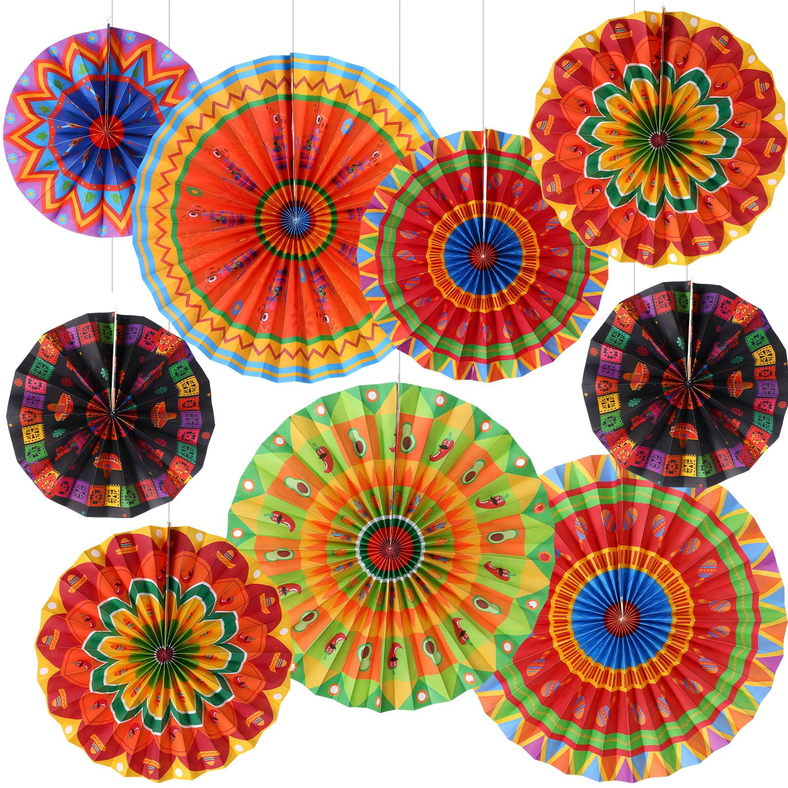 Outus 18 Pcs Mexican Fiesta Hanging Paper Fans Decorations Fiesta Party Supplies Cinco De Mayo Ceiling Wall Decor for Taco Tuesd