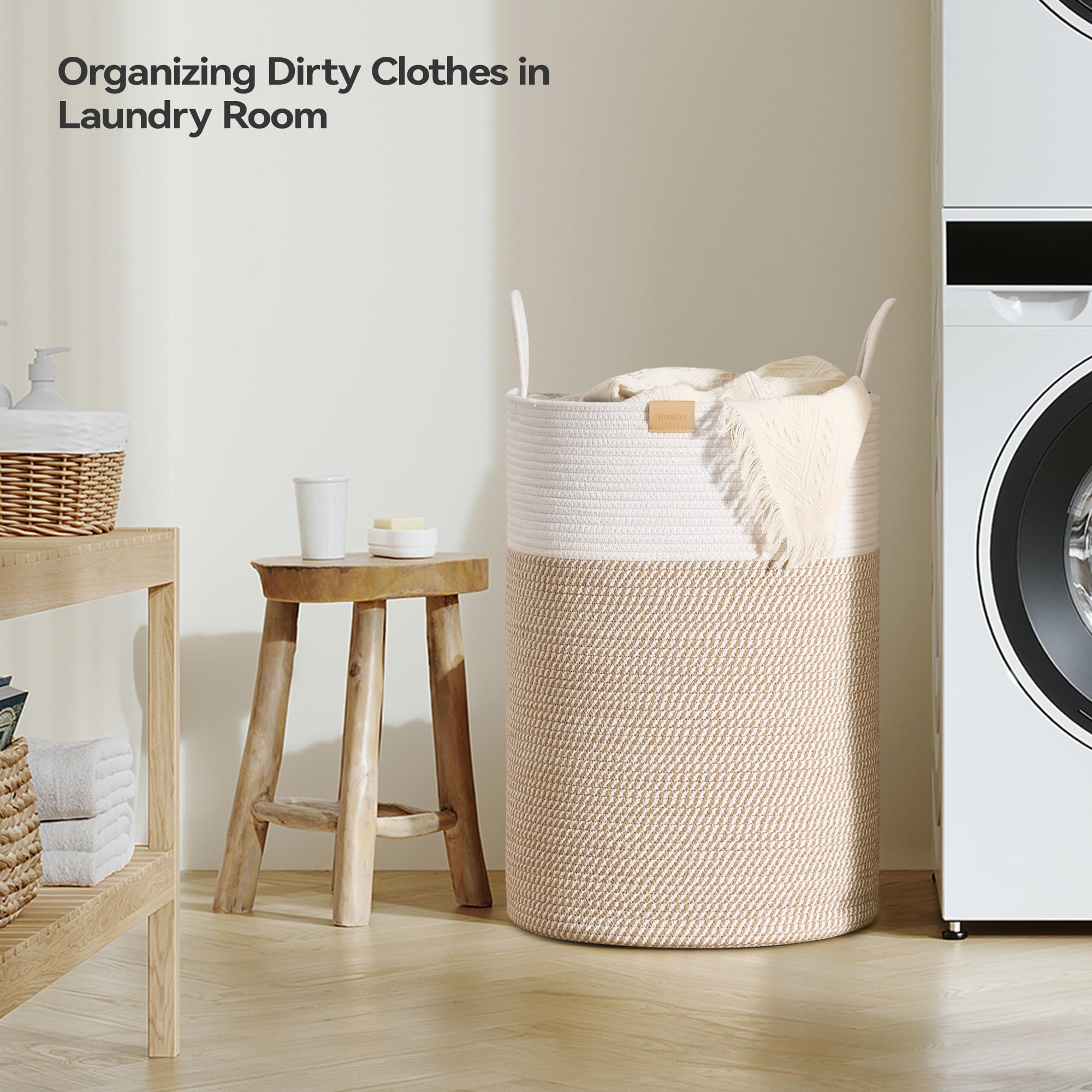 Nunsino 95L Laundry Hamper Basket,Baby Nursery Woven Storage Basket For Toys Bin,Pillows,Blankets,Clothes,Brown&White