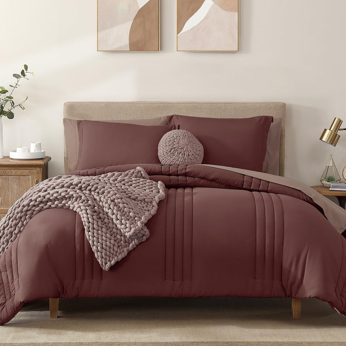 Monbix Queen Comforter Set - 7 Pieces Dark Red Bed In A Bag Queen Bedding Sets With Comforters, All Seasons Down Alternative Com