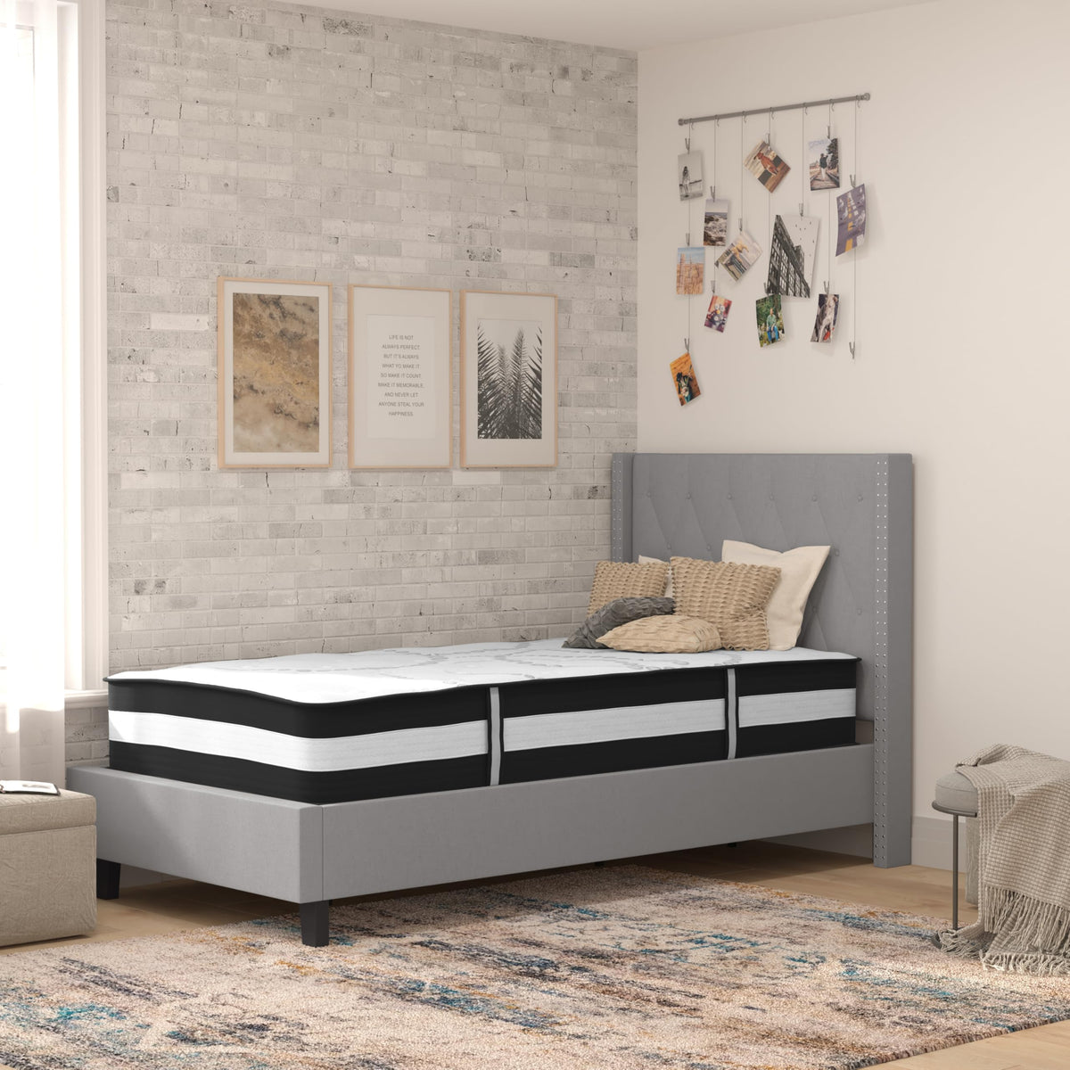 Flash Furniture Riverdale Twin Size Tufted Upholstered Platform Bed In Light Gray Fabric With Pocket Spring Mattress