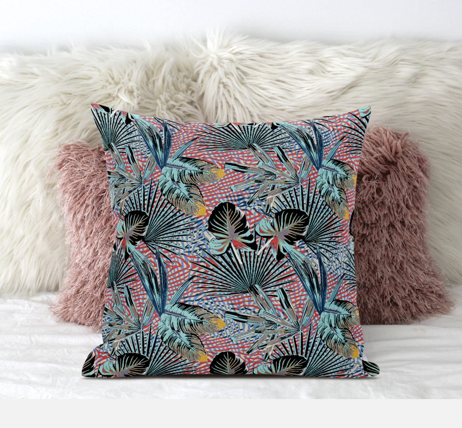 HomeRoots Gold Cream 20â€ Aqua Red Tropical Zippered Suede Throw Pillow