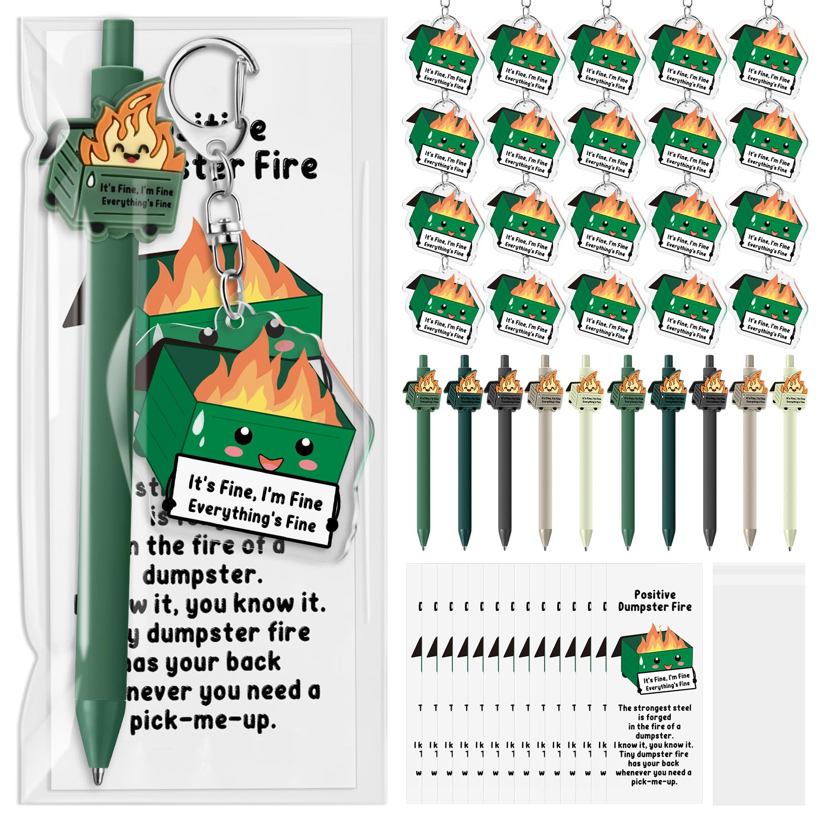 Sayglossy 20 Sets Dumpster Fire Pen Gifts for Coworker Positive Funny Pens Dumpster Fire Desk Accessories Acrylic Keychains Book