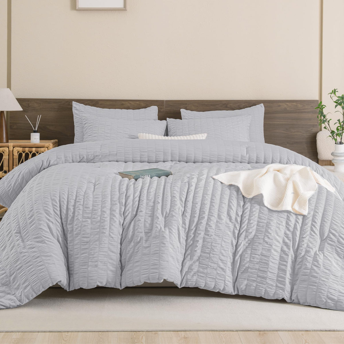 Andency Light Grey Comforter Full Size (79X90 Inch), 3 Pieces (1 Seersucker Textured Comforter And 2 Pillowcases), 100% Soft Was