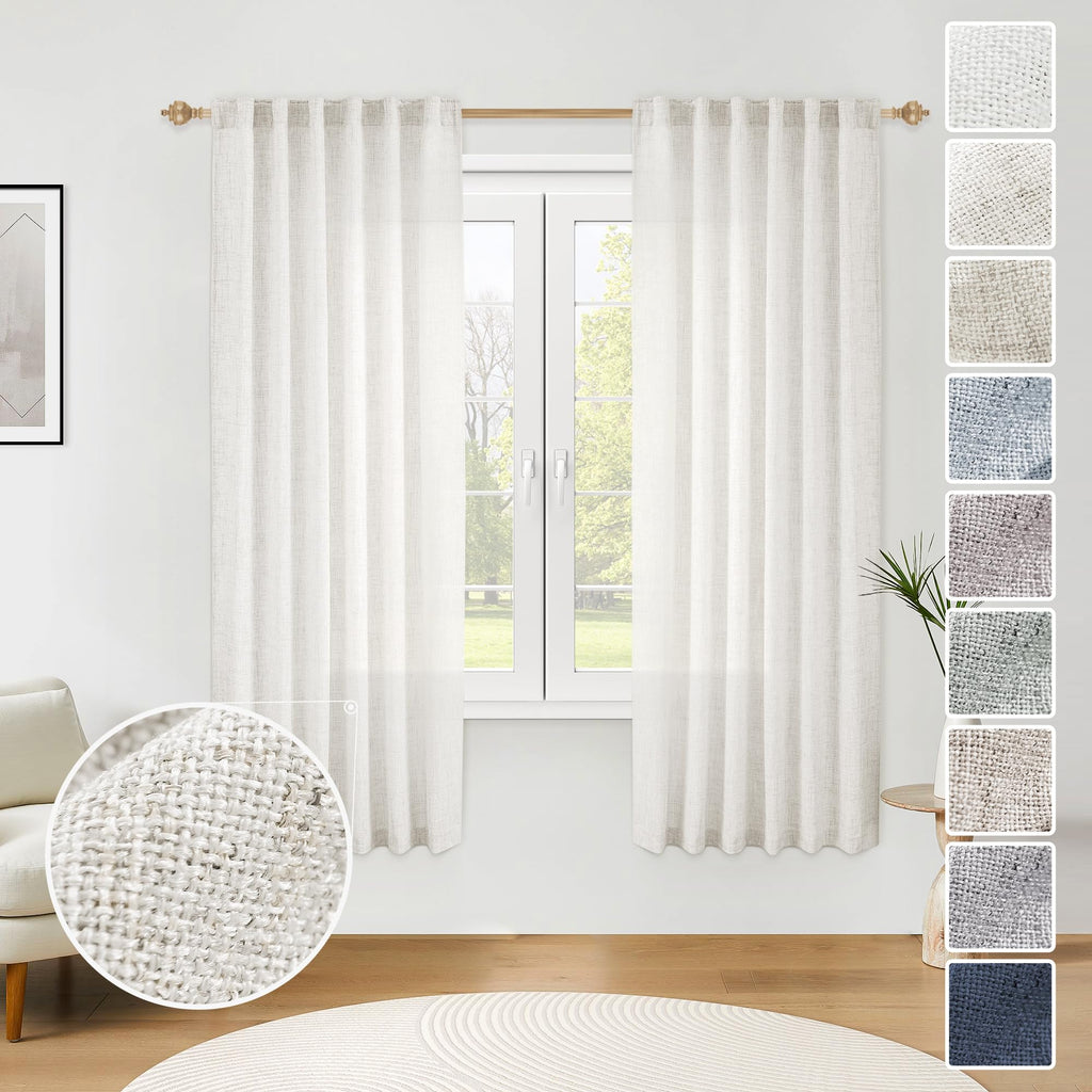 MEETBILY Ivory Linen Sheer Curtains 63 Inch Length for Living Room 2 Panel Set Farmhouse Rod Pocket Window Drapes Light Filterin