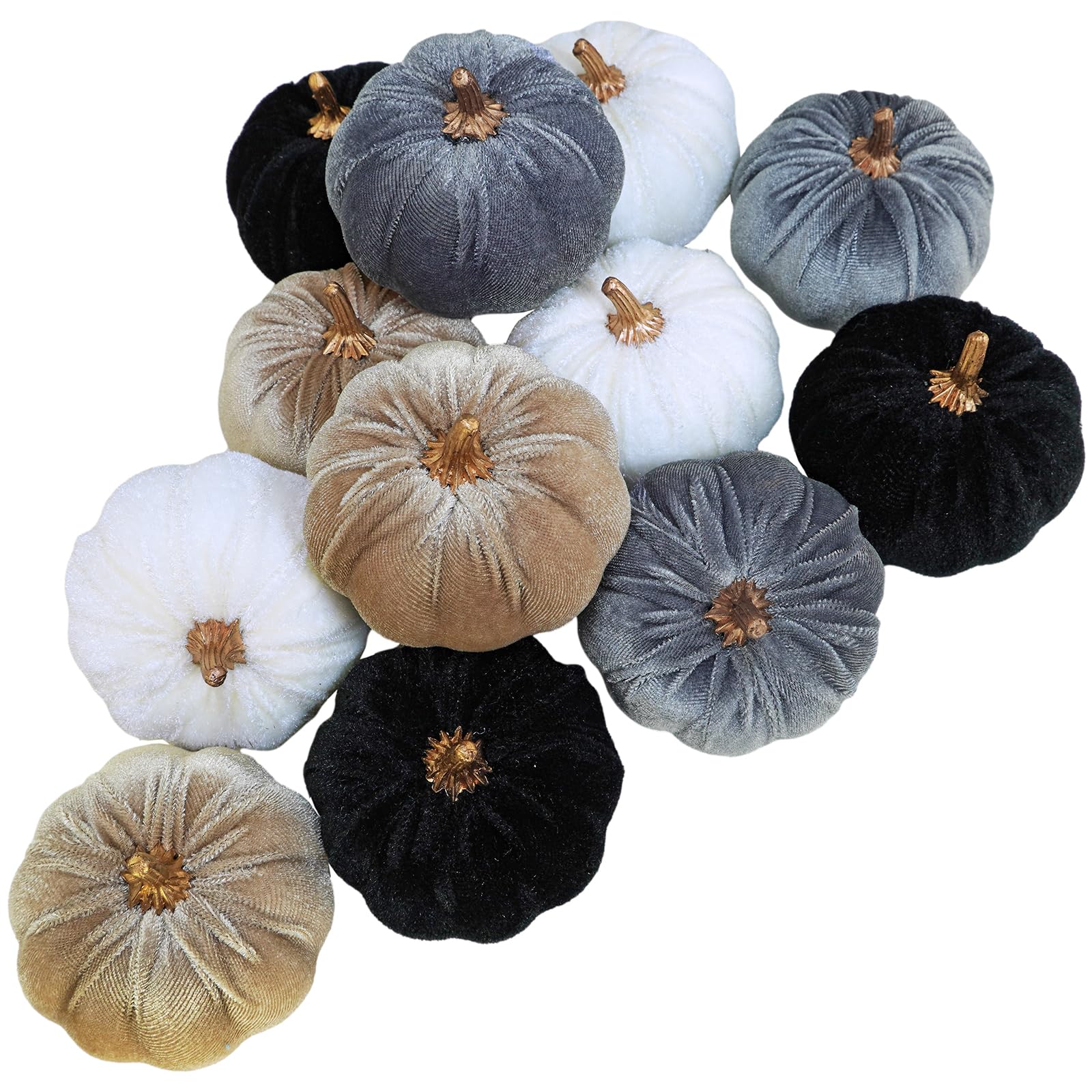 Winlyn 12 Pcs Small Assorted Faux Velvet Pumpkins Decorative Fabric Pumpkins in White Black Gray Taupe Foam Pumpkins 3 for Farmh