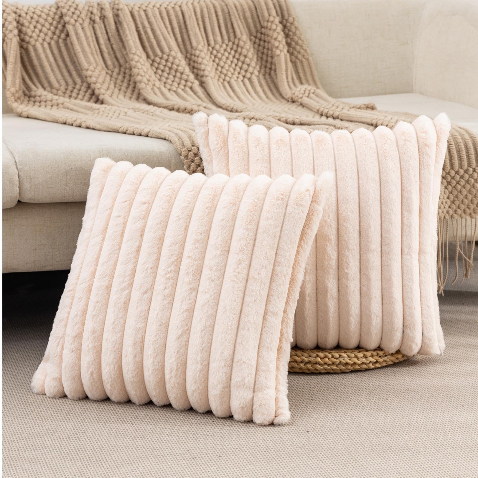 Zlina Set Of 2 Faux Fur Plush Beige Throw Pillow Covers Fluffy Striped Pillowcase Cushion Covers 24 X 24 Inch Decor Sofa Couch B