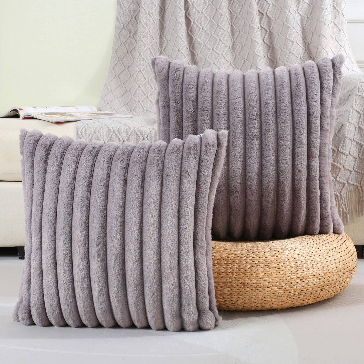 Futei Grey Striped Decorative Throw Pillow Covers 22X22 Inch Set Of 2,Square Spring Decorations Couch Pillow Case,Soft Cozy Faux