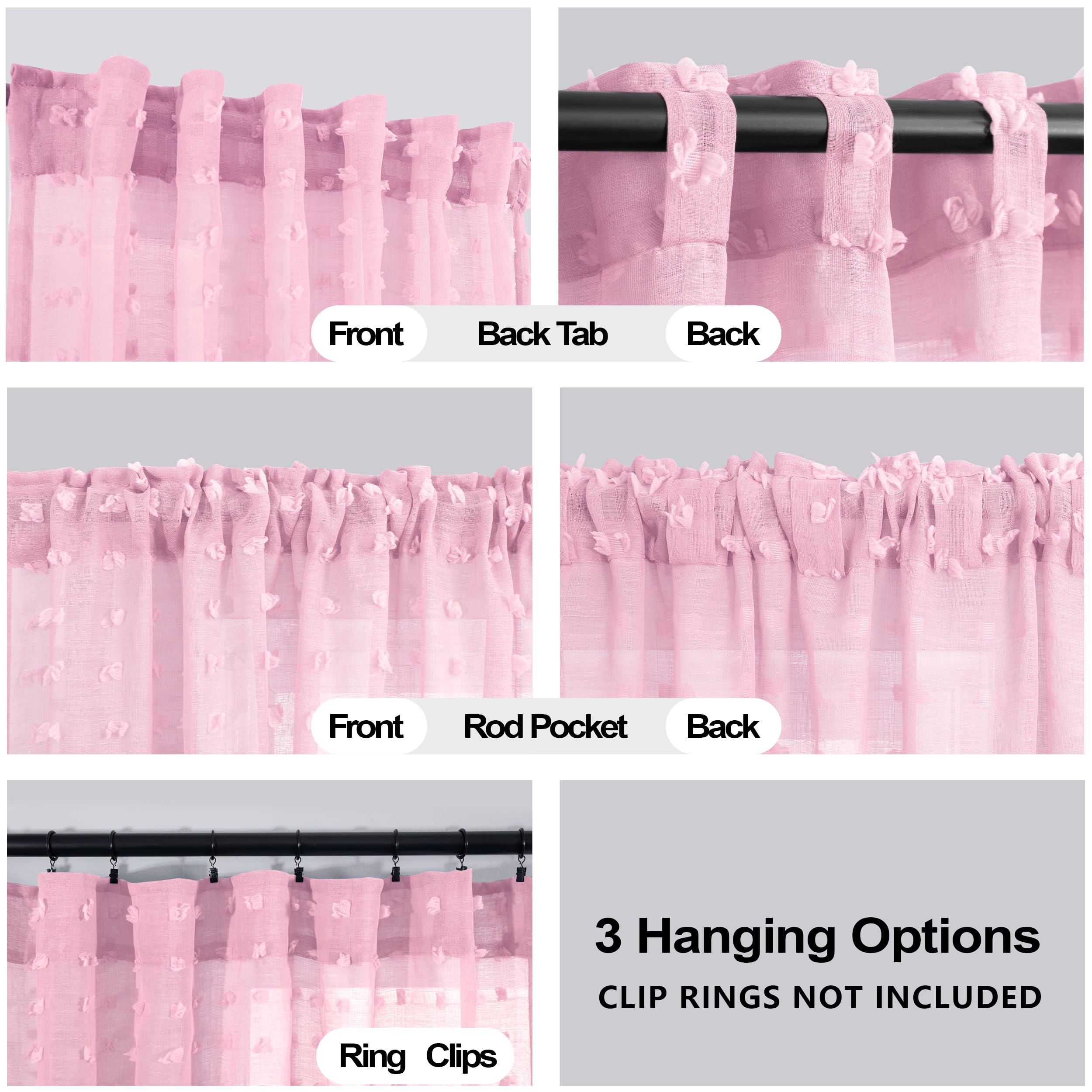 Koufall Pink Back Tab Rod Pocket Pom Pom Sheer Curtains,8 Ft 52X96 Length