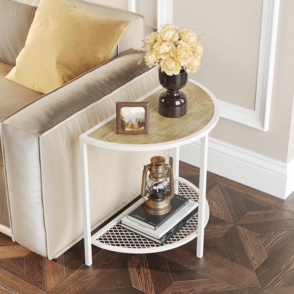 Saygoer Night Stand Small End Table 19.7'' Half Moon Side Table For Living Bed Room 2 Tier 18.7'*10.4' Bed Sofa Couch Table With Storage Shelf, Adjustable Feet, French Oak White