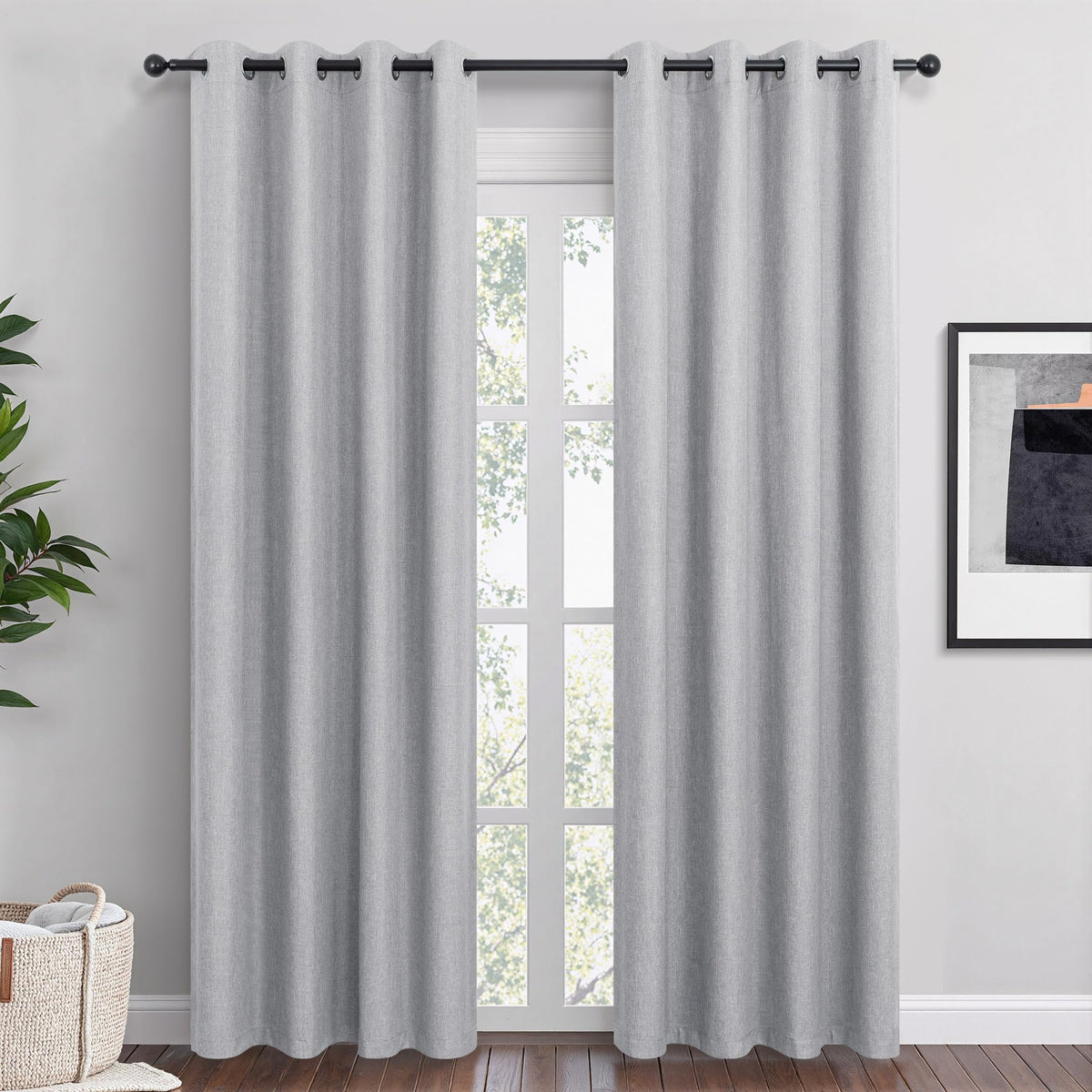 QmQmok Light Grey 100% Blackout Linen Blend Curtain Panels for Bedroom 52x84 inch Length