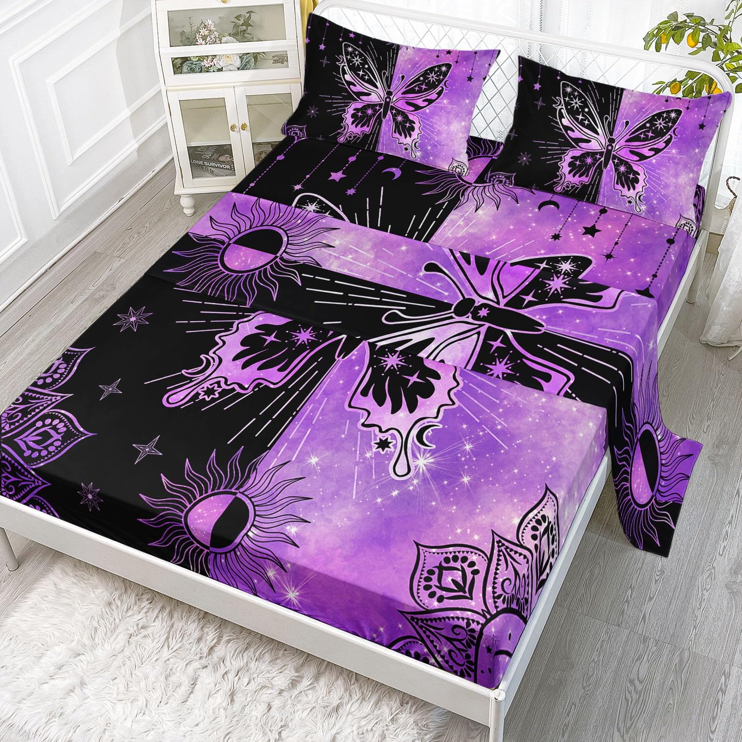 Datura Home Bedding Fitted Sheet And Flat Sheet Set 4Pcs Black Purple Butterfly Printed Bedding Set With 1 Flat Sheet And 1 Fitt