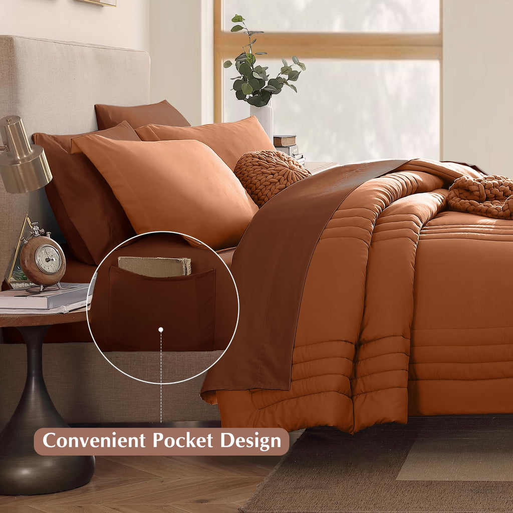 Monbix King Comforter Set - 7 Piece Bed in a Bag, Burnt Orange Microfiber Bedding Set with Sheets and Pillowcases, All Seasons Down Alternative