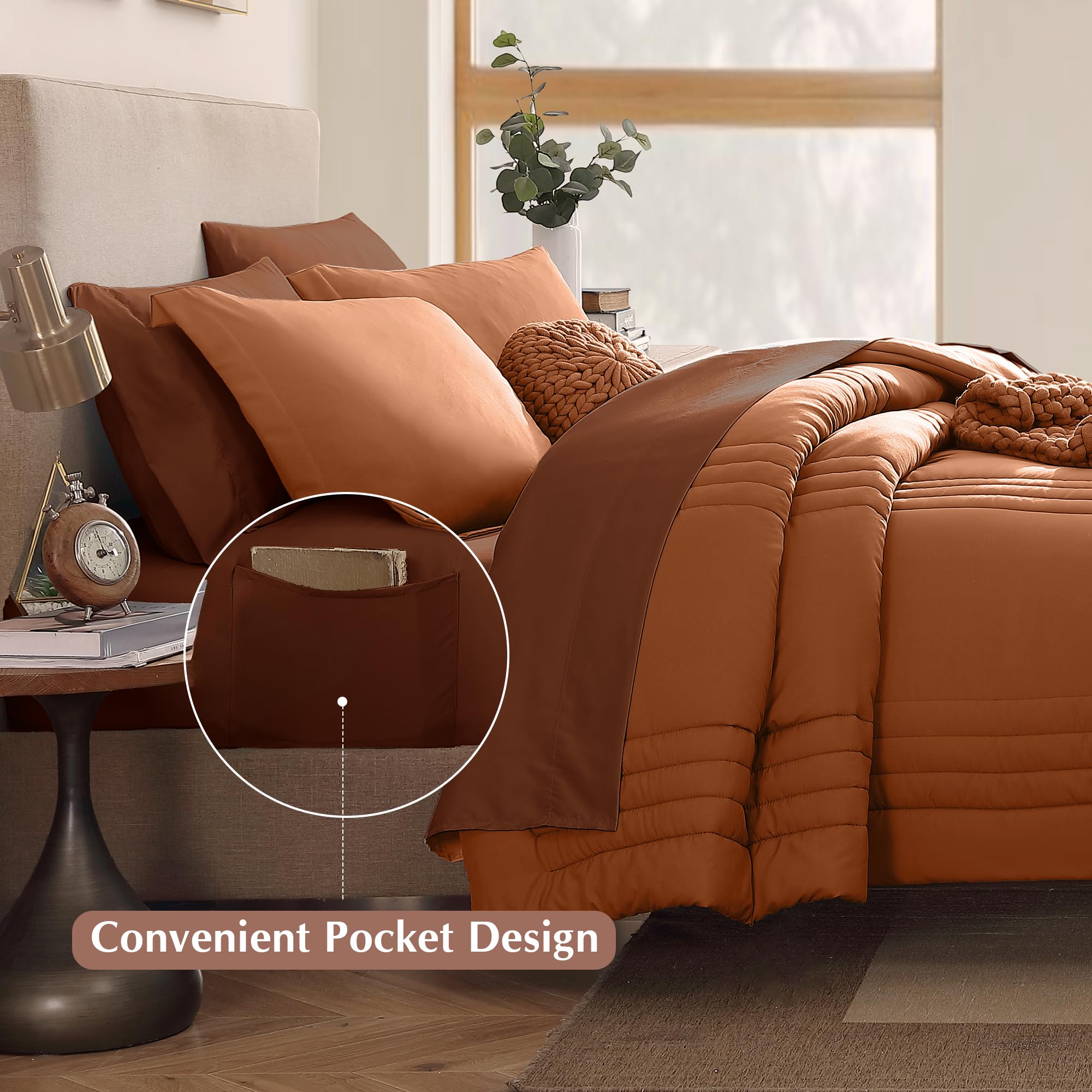 Monbix King Comforter Set - 7 Piece Bed in a Bag, Burnt Orange Microfiber Bedding Set with Sheets and Pillowcases, All Seasons Down Alternative