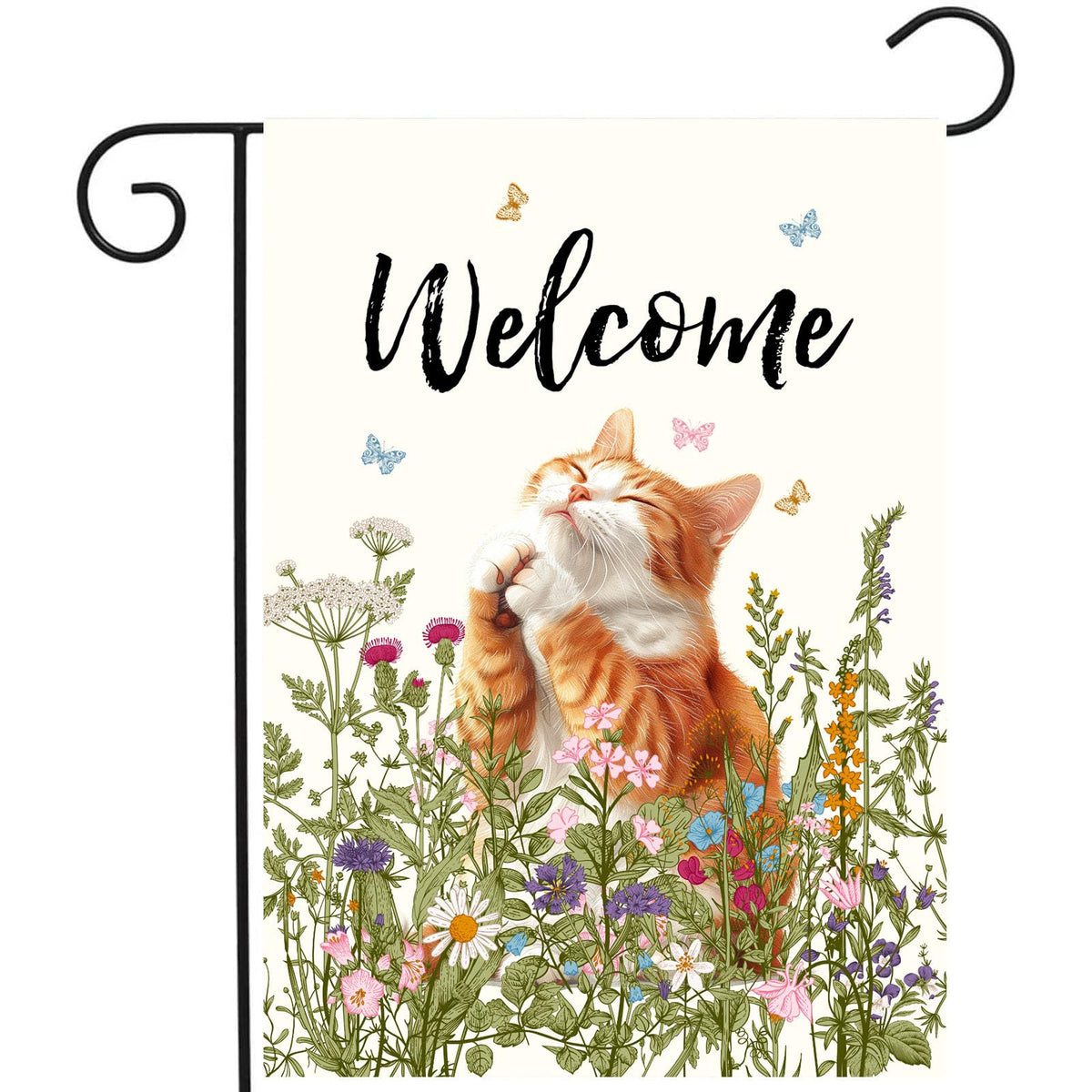 Spring Cat Garden Flags For Outside Summer Flower Garden Flag Floral Orange Cat Flag Welcome Yard Flags 12X18 Double Sided Mini