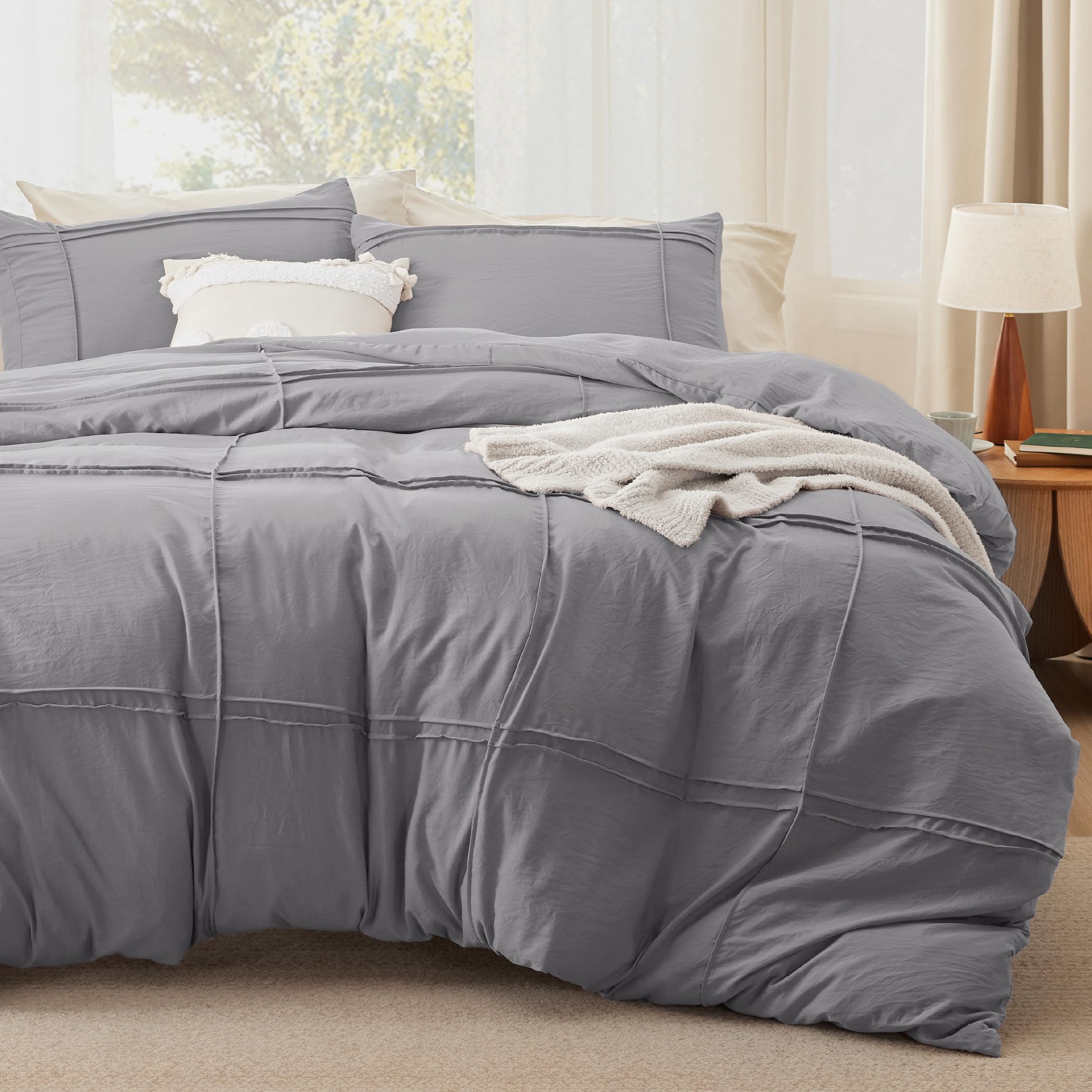 Bedsure Grid Tufted Duvet Cover Queen - Shabby Chic Duvet Cover, 3-Piece Queen Size Boho Bedding, Includes 1 All-Season Duvet Cover & 2 Pillowcases (Grey, Queen, 90'X90')