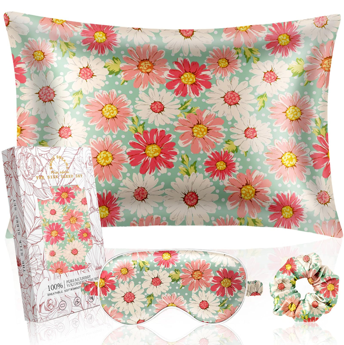 Miss Adola Mulberry Silk Pillow Case For Hair And Skin 19 Momme Standard 26'X20' Cartoon Daisy Silk Pillowcase With Eye Mask &