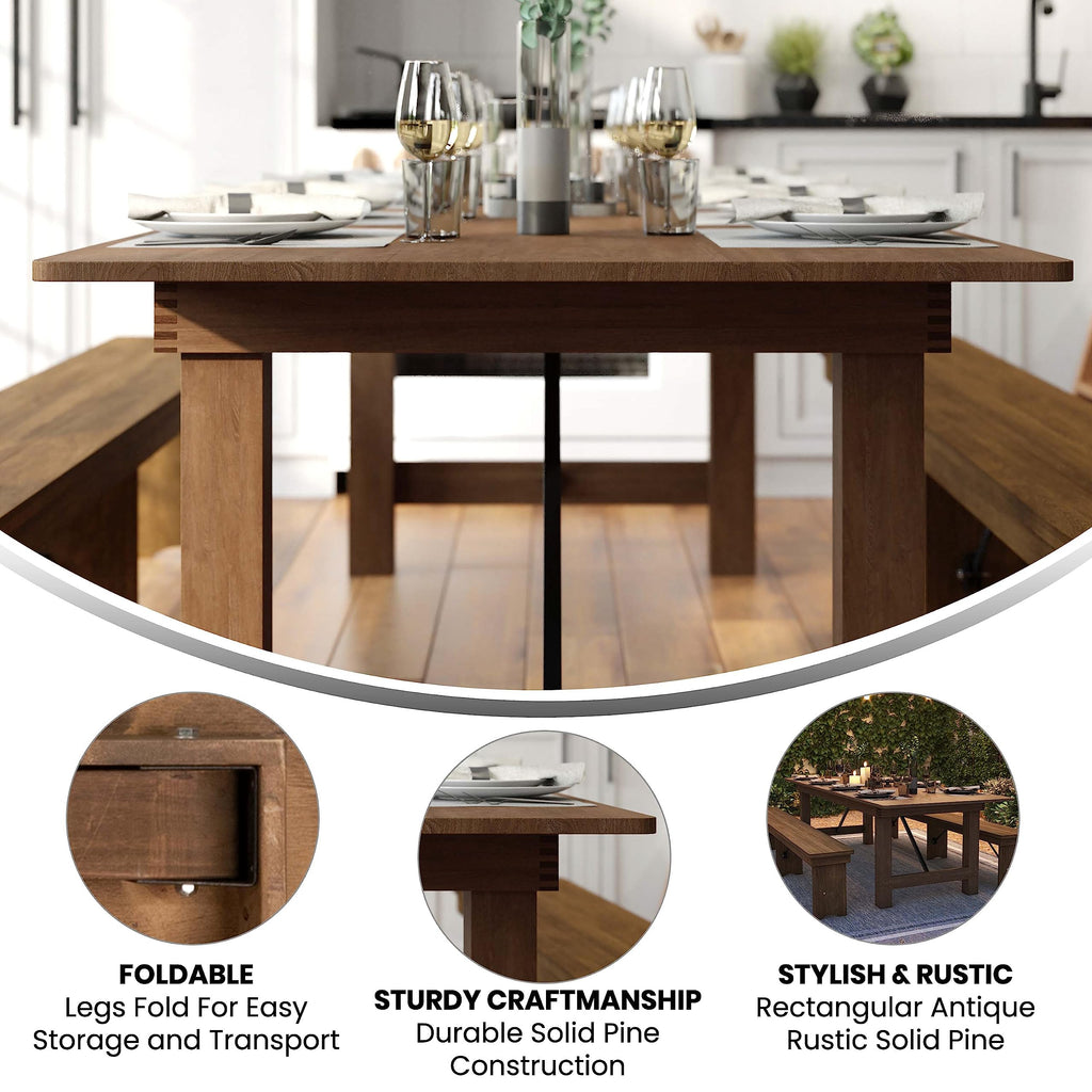 Flash Furniture Hercules Series 9' X 40" Rustic Solid Pine Folding Dining Table, Rectangular Antique Farmhouse Dining And Event Extension Table
