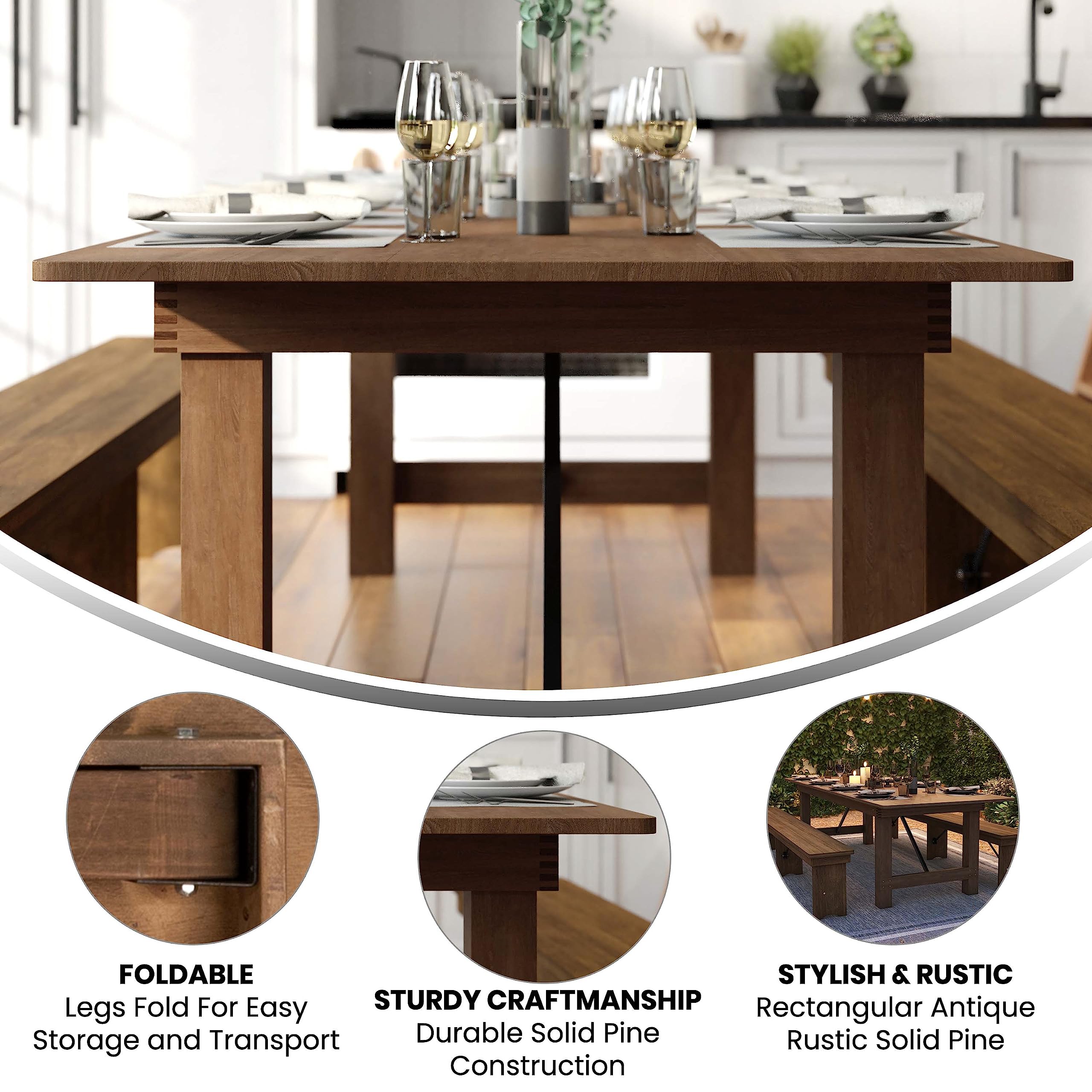 Flash Furniture Hercules Series 9' X 40" Rustic Solid Pine Folding Dining Table, Rectangular Antique Farmhouse Dining And Event Extension Table