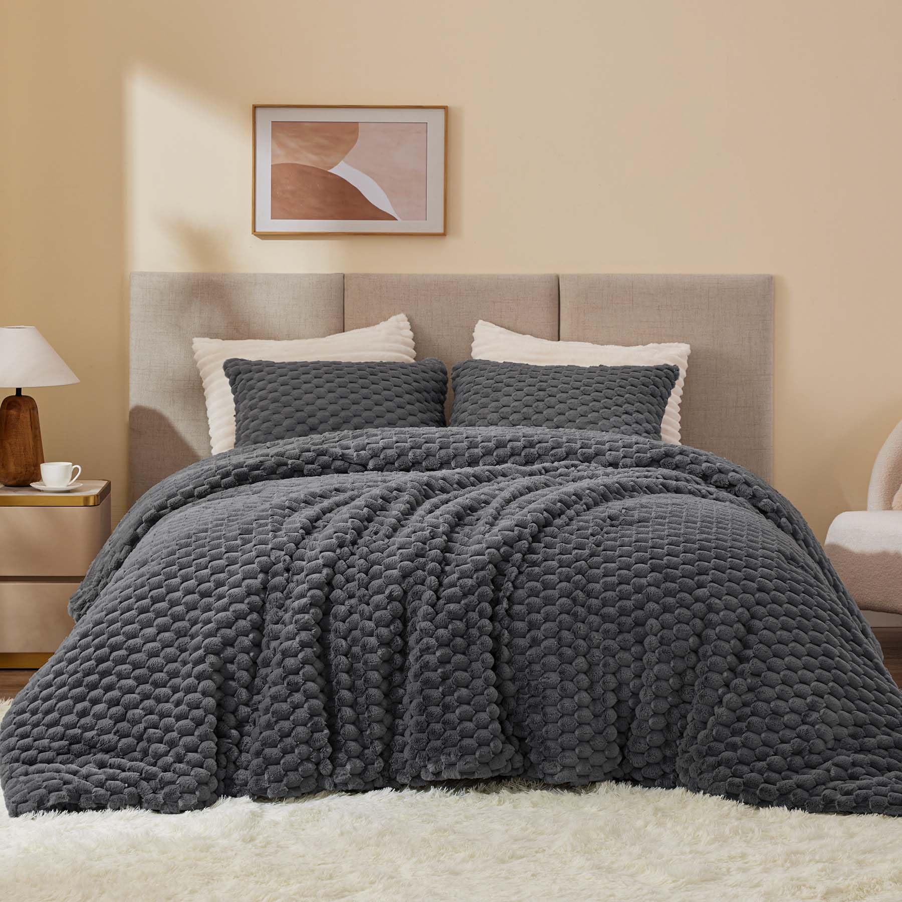 Bedelite Fluffy Queen Comforter Set - Grey Fleece Soft Comforter For Queen Size Bed, Luxury Warm Bedding Set For Winter, Fuzzy B